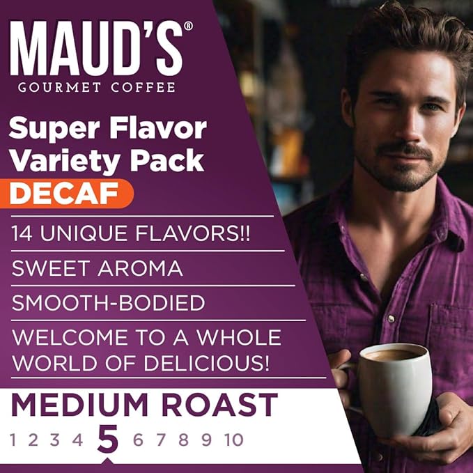 Maud's Flavored Decaf Coffee Pods Variety Pack, 80 ct,14 Assorted Roasts & Flavors, Decaf Medium Roast Coffee in Single Serve Pods - 100% Arabica Coffee, Compatible with Keurig K Cups Maker