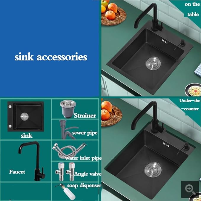 Single Bowl Practical and Durable Small Sink for Hotel Coffee Shop Bar Stainless Steel Single Bowl Sink Kitchen Sink for Small Apartment with Faucet (Black 46 * 38cm)