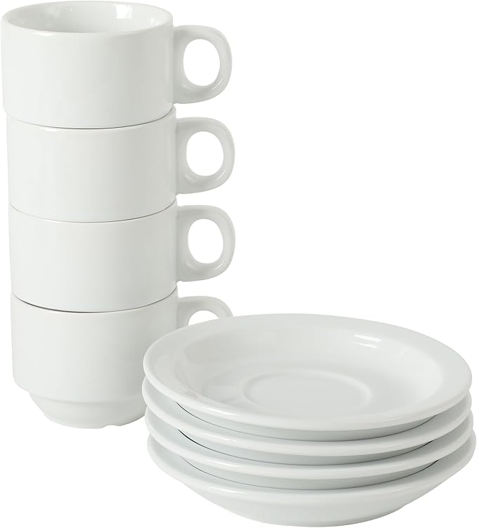 Gibson Home Gracious Dining 3-Ounce Espresso Cups Set of 4, Small Stackable Coffee Cups with 4 Saucers, Metal Stand, Ceramic Demitasse Mugs, Espresso Accessories for Machine
