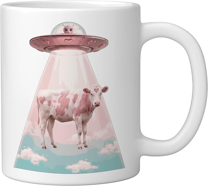 Funy Pink Heart Cow Alien Abduction UFO Space Nerd Ceramic Mug, White