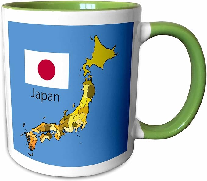 3dRose The map and flag of the Japan with all the forty-seven prefectures labeled and colored. 11oz Two-Tone Green Mug