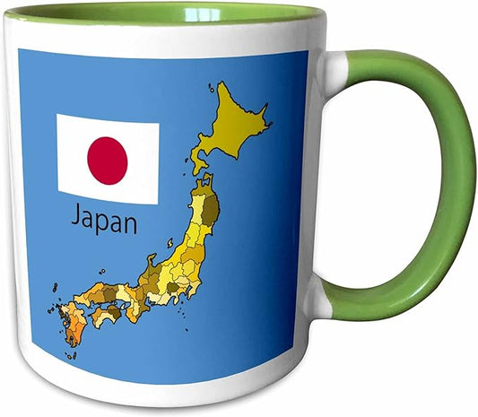 3dRose The map and flag of the Japan with all the forty-seven prefectures labeled and colored. 11oz Two-Tone Green Mug