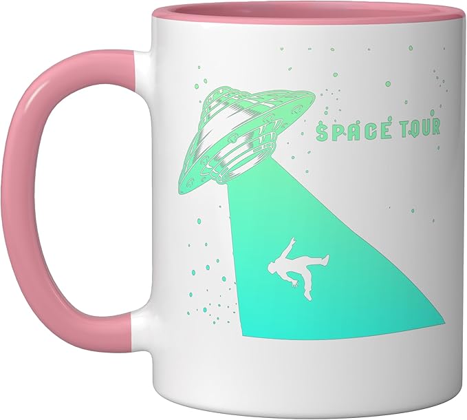 Flying Saucer UFO, Astronauts are Aliens Ceramic Mug, Pink/White