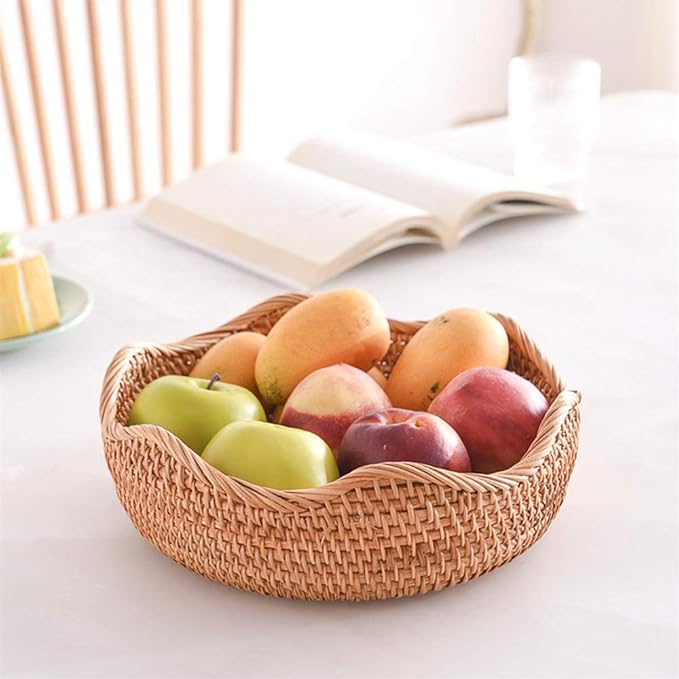 Handmade Rattan Round Fruit Basket Food Storage Bowls Kitchen Organizer Snack Serving Bowl Wavy Edge Circle Tray Basket, Boho Home Décor Display Tray for Table, Dining Room (Medium 10.2")