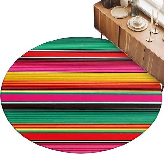 Washable Round Area Rug Vintage Mexican Stripes Abstract Circle Rugs Floor Carpet for Living Room Bedroom, Native American Stripe Soft Non Slip Round Rug 5ft