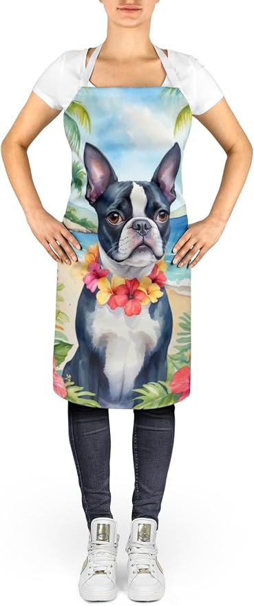 Caroline's Treasures Boston Terrier Luau Apron Cooking Kitchen Server Baking Crafts Gardening for Adult Women Men, Unisex, Large, Multicolor