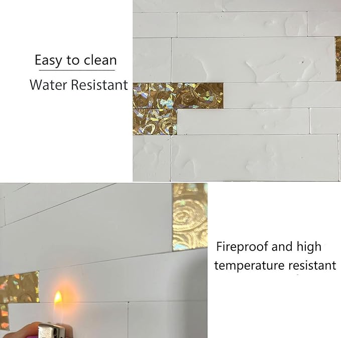 10-Sheet Peel and Stick Backsplash Tile, PVC Mixed Meta,l Stick on Kitchen, Bathroom Vanities, Fireplace Décor, Laundry Table (White+Golden Lasing)