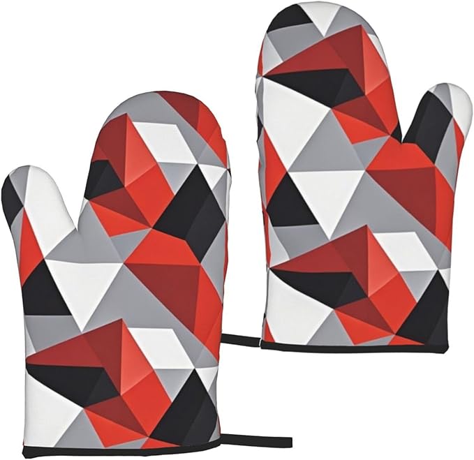 Red Black Gray Geometric Oven Mitts of 2-Pack Set, Funny Kitchen Gloves Heat Resistant Non-Slip Kitchen Mitts for Cooking Baking Grilling