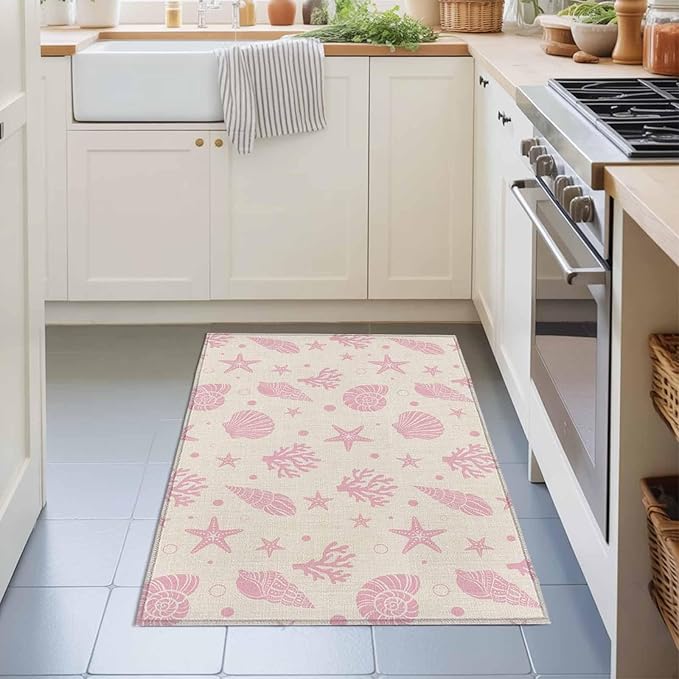 Area Rug 2x3ft, Ocean Pink Shell Coral Conch Washable Rugs for Living Room Bedroom, Marine Starfish on Farm Burlap Soft Non-Slip Area Rugs Rectangle Floor Carpet for Dining Room