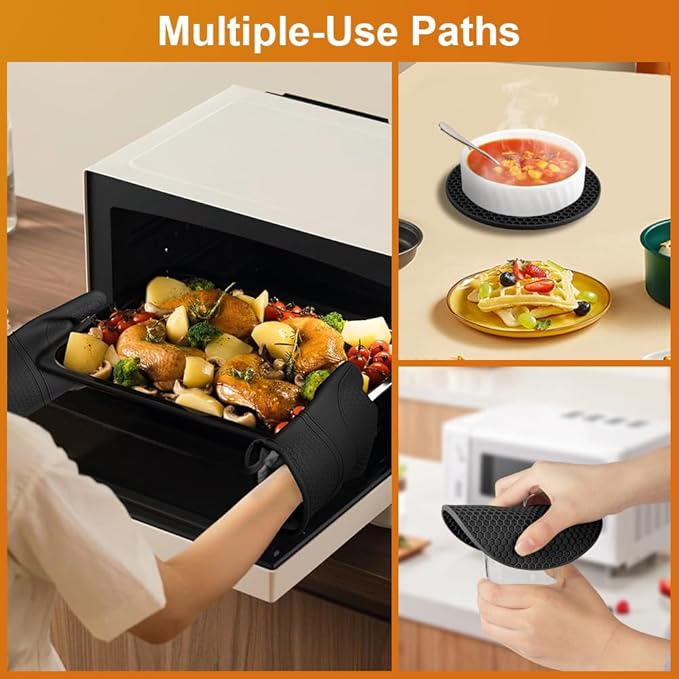 AUAUY Oven Mitts with 2 Potholders, Silicone Oven Gloves Heat Resistant 464°F, Non-Slip Silicone BBQ Gloves, Waterproof Cooking Gloves, Oven Gloves for Barbecue Kitchen Baking Microwave, Black