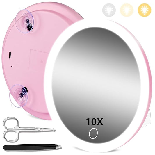 10X Magnifying Mirror with Lights, 10x Magnified Mirror with 3 Suction Cups, 3 Color Dimmable Lighted Makeup Magnification 6inch Travel 10X Magnification with Tweezers & Scissors