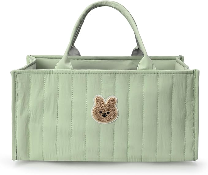 Quilted Fabric Storage Basket Floral Baby Diaper Caddy Quilted Basket for Nursery Bedroom Car Storage (L- Green Bear)