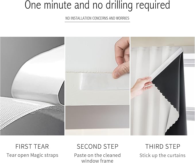 AJAZZ 100% Blackout Shades Window Cover Self Adhesive Curtains Sticky Curtain Portable Easy Open Blackout Curtains for Bedroom Living Room No Drilling (White, 35" W x 71" L) 1 Panel