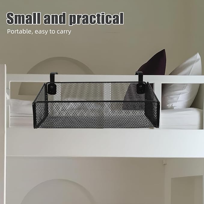 PartyKindom Hanging Bed Organizer, Metal Wire Bedside Caddy with Removable Hooks, 2-Tier Bunk Bed Storage Basket Shelf for Phone, Books & Dorm Room Essentials, Nightstand Alternative (Black)