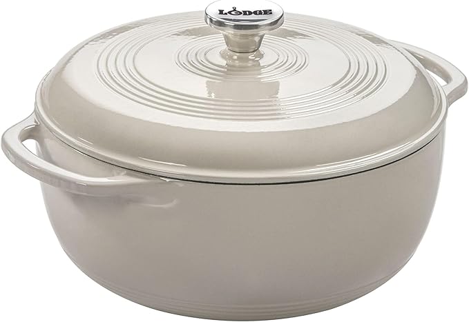 Lodge Essential Enamel Cast Iron Dutch Oven - Perfect for Bread Baking, Braising, Marinating & Slow Cooking - Features Moisture-Sealing Lid & Dual Handles - Kitchen Essentials - 6 Quarts - Oyster White