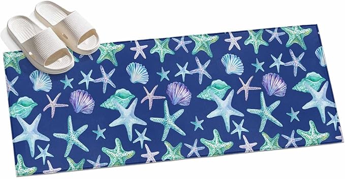 Runner Rug for Bedroom Hallway, Summer Starfish Shell Conch Kitchen Runner Rugs Area Rug 2x6ft, Marine Creature on Blue Washable Soft Floor Carpet for Entryway Stair