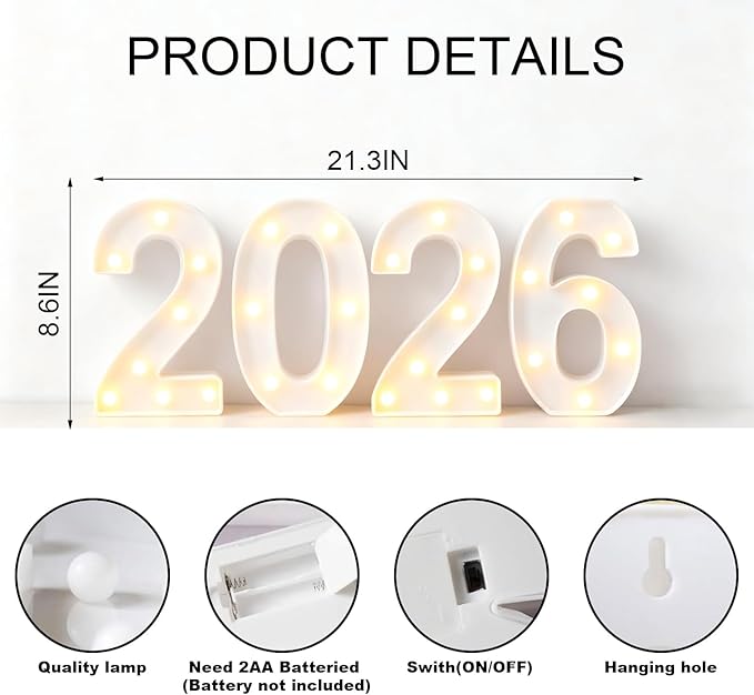 LED Marquee Number 2026 Sign - Light Up 2026 Numbers for New Year Eve Party Decorations, Christmas, Graduation & Festive Gatherings | Battery Powered, Freestanding Photo Backdrop (White)