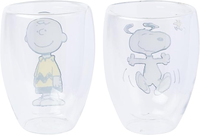 Silver Buffalo Peanuts Featuring Charlie Brown, Snoopy, and Woodstock 2 Pack Double Walled Glass Set, 12.5 Ounces