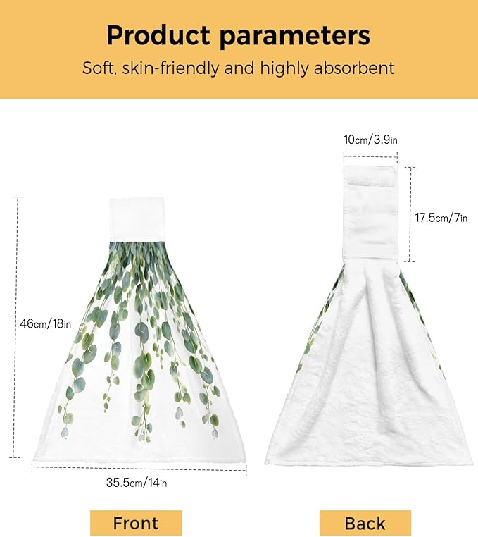 Alandar Home Kitchen Tie Towel Set of 2, Spring Green Eucalyptus Leaves Absorbent Soft Hand Towels for Bathroom Hanging Towels, Watercolor Botanical Fast Drying Cleaning Cloth with Loop