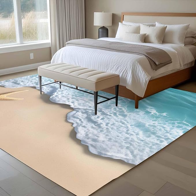 Area Rug 6x9ft, Beach Starfish Teal Sea Water Washable Rugs for Living Room Bedroom, Summer Ocean Theme Soft Non-Slip Area Rugs Rectangle Floor Carpet for Dining Room