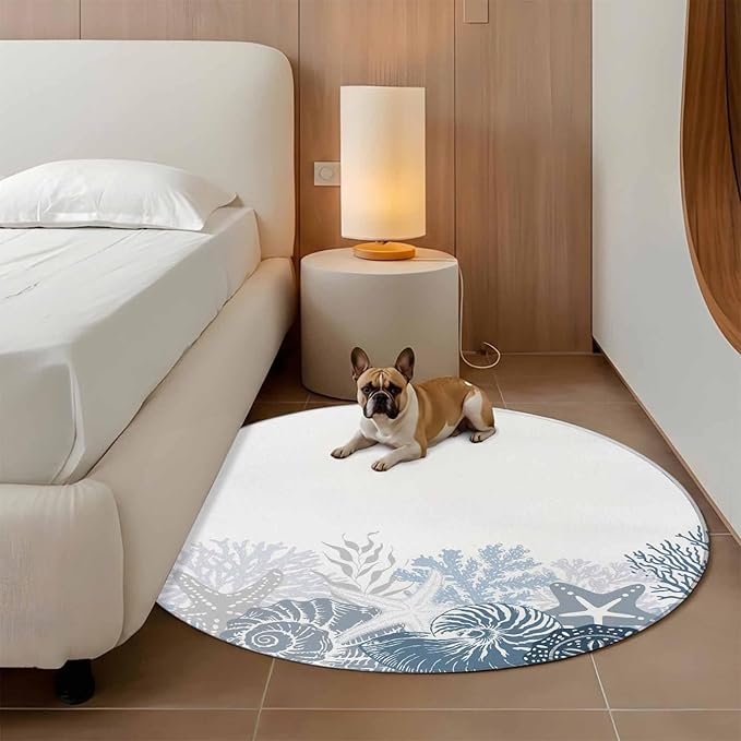 Washable Round Area Rug Underwater Blue Shells Starfish Coral Circle Rugs Floor Carpet for Living Room Bedroom, Summer Botantical Soft Non Slip Round Rug 5ft