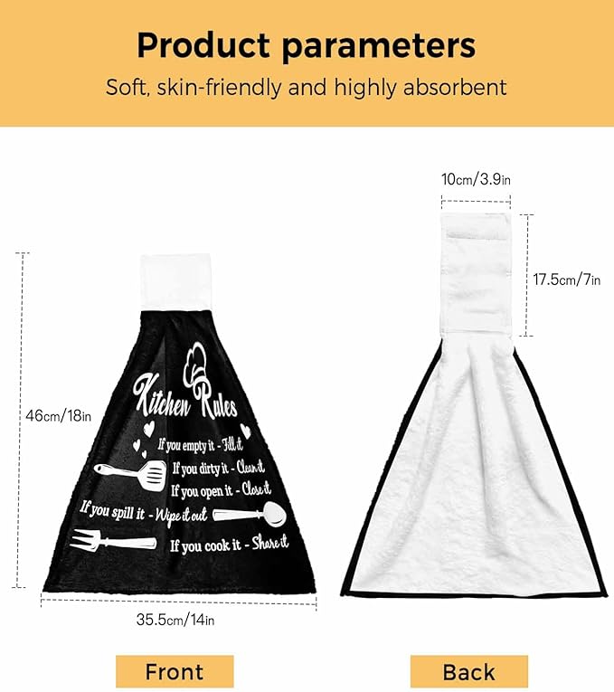 Alandar Home Kitchen Tie Towel Set of 1, Kitchen Rules Black and White Absorbent Soft Hand Towels for Bathroom Hanging Towels, Kitchens Utensils Appliances Fast Drying Cleaning Cloth with Loop
