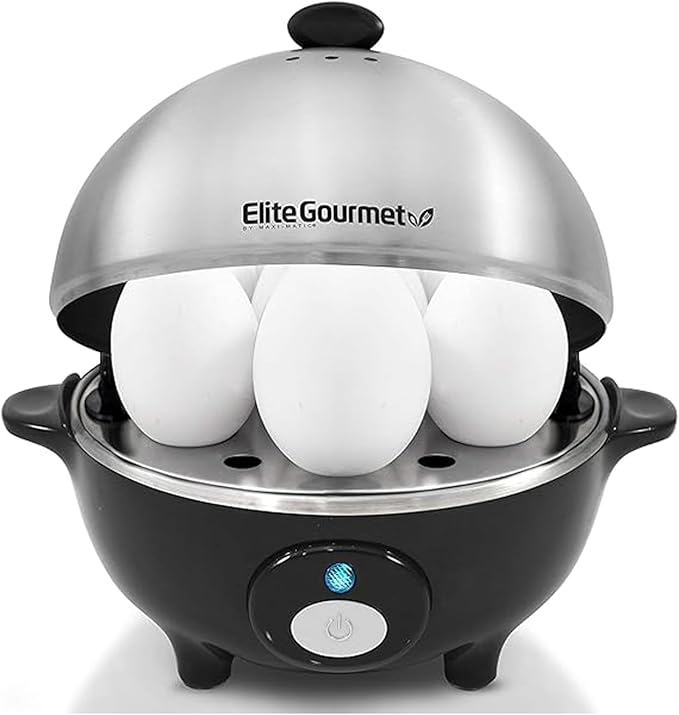 Elite Gourmet EGC-508 Rapid Egg Cooker, 7 Easy-To-Peel, Hard, Medium, Soft Boiled Eggs, Poacher, Omelet Maker, Auto Shut-Off, Alarm, 16-Recipe Booklet, Stainless Steel