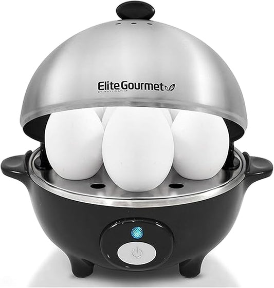Elite Gourmet EGC-508 Rapid Egg Cooker, 7 Easy-To-Peel, Hard, Medium, Soft Boiled Eggs, Poacher, Omelet Maker, Auto Shut-Off, Alarm, 16-Recipe Booklet, Stainless Steel
