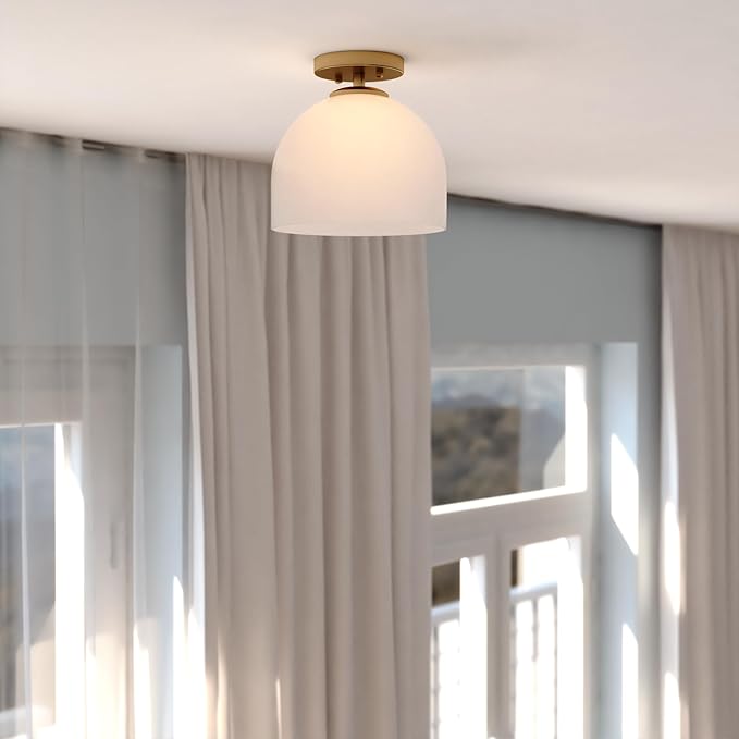 VAXCEL Shelby 9.25-in W Gold Brass Transitional Semi Flush Mount Ceiling Light White Glass