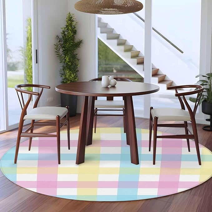 Washable Round Area Rug Spring Easter Colorful Lattice Circle Rugs Floor Carpet for Living Room Bedroom, Minimalist Buffalo Checker Soft Non Slip Round Rug 5ft