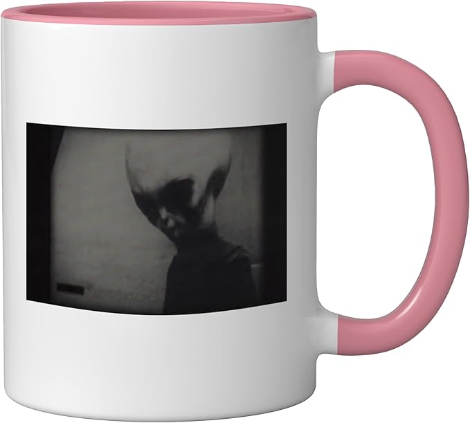 Skinny Bob Alien 1961 KGB Video Real Alien Grey Ceramic Mug, Pink/White