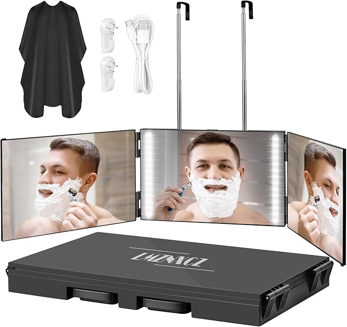LMZNXCZ with LED Lights 3 Way Mirror for Self Hair Cutting,360 Haircuts Mirror Men for Barber Use Tools,to See Back of Head,Tri Fold with Portable Height Adjustable Telescoping Hooks