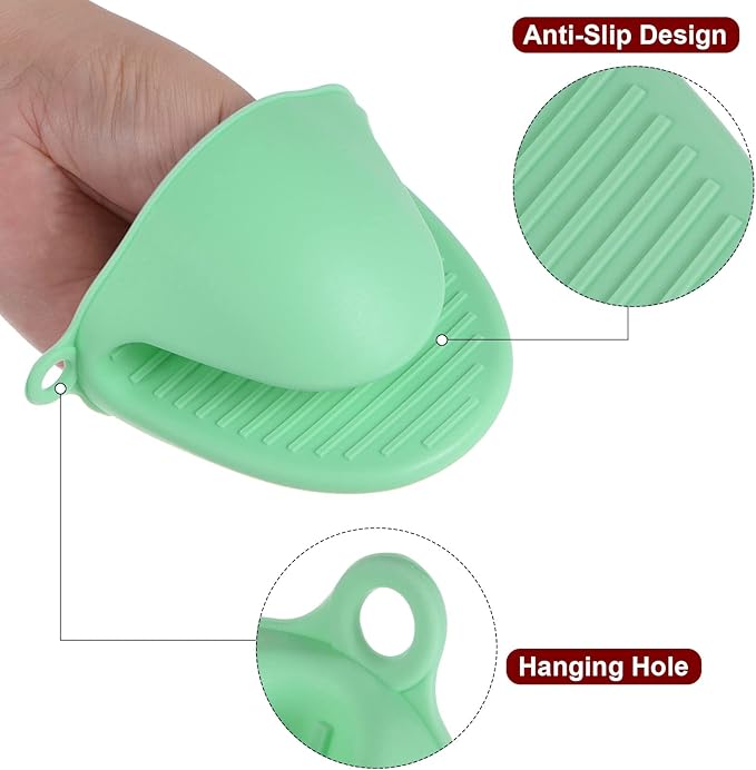 HARFINGTON 4pcs Thickened Mini Oven Gloves, Heat Resistant Silicone Oven Mitts Finger Pinch Grips Pot Holder for Kitchen, Cooking, Baking, BBQ Heat Resistant Gloves, Light Green