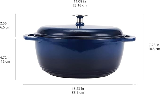 Amazon Basics Enameled Cast Iron Dutch Oven Pot with Lid, Dual Handles, Heavy-Duty, Oven Safe for Stews, Roasting, Baking, 6-Quart, Navy