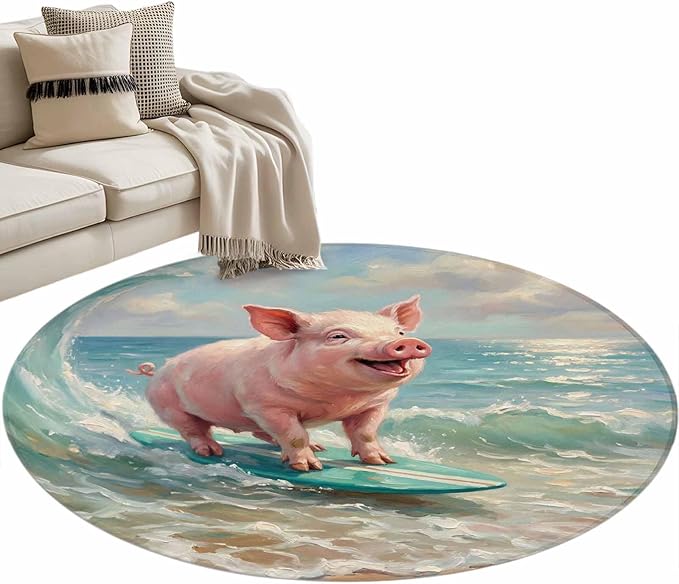 Washable Round Area Rug Surfing Farm Pink Pig Circle Rugs Floor Carpet for Living Room Bedroom, Summer Blue Sea Wave Beach Soft Non Slip Round Rug 3ft
