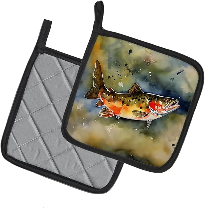 Caroline's Treasures Brook Trout Pair of Pot Holders Kitchen Heat Resistant Pot Holders Sets Oven Hot Pads for Cooking Baking BBQ, 7 1/2 x 7 1/2