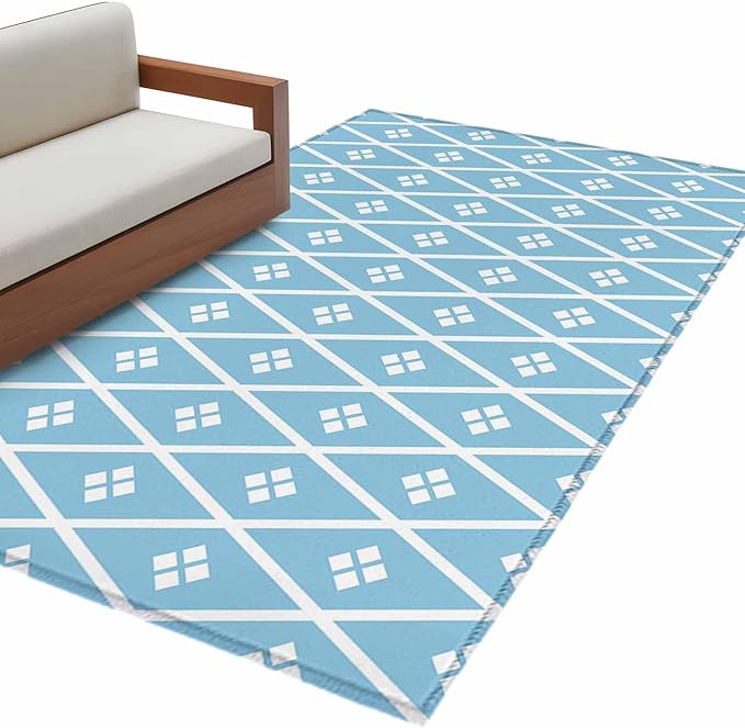 Area Rug 4x6ft, Boho Blue White Plaid Line Washable Rugs for Living Room Bedroom, Abstract Geometric Diamond Soft Non-Slip Area Rugs Rectangle Floor Carpet for Dining Room