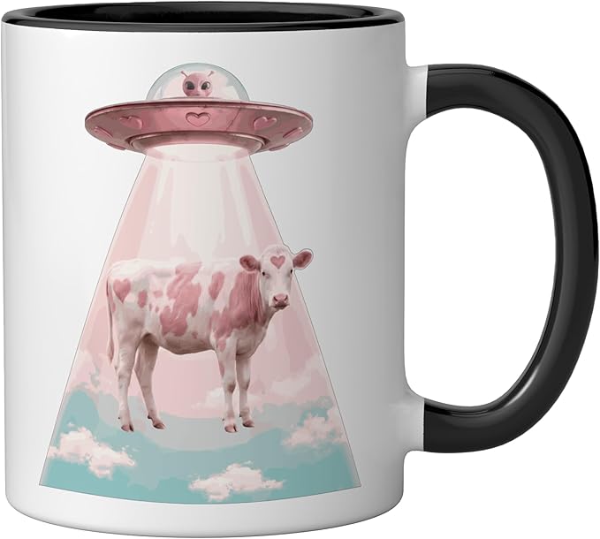 Funy Pink Heart Cow Alien Abduction UFO Space Nerd Ceramic Mug, Black/White