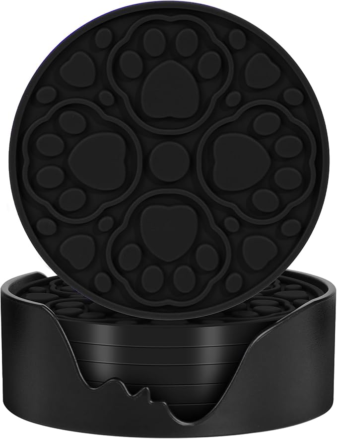 Black Silicone Coasters with Holder, 4 Inch Modern Non-Slip Drink Coasters Set of 6, Decorative Cup Mats for Desk, Tabletop, Coffee, Beer & Beverage, Dishwasher Safe - Housewarming Gift