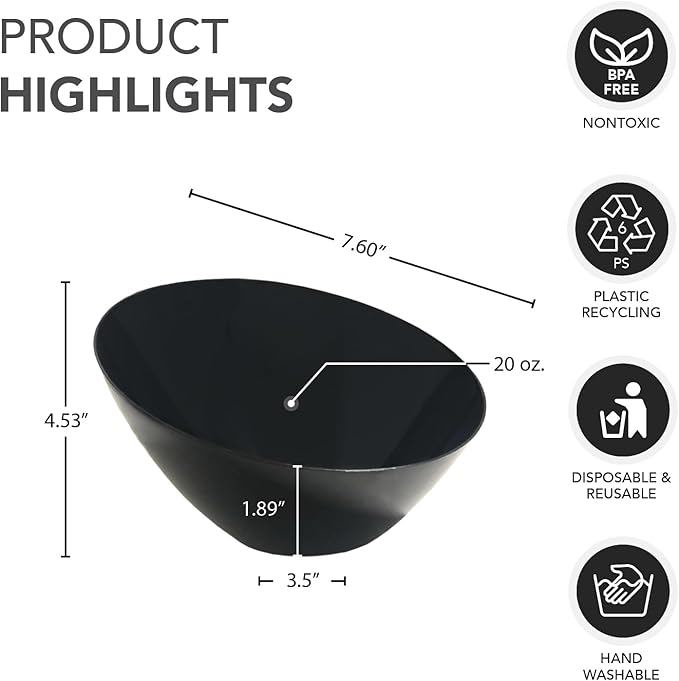 Party Essentials N604417 Disposable Hard Plastic Contemporary Angle Bowl, 4-Count, 60 oz. Black