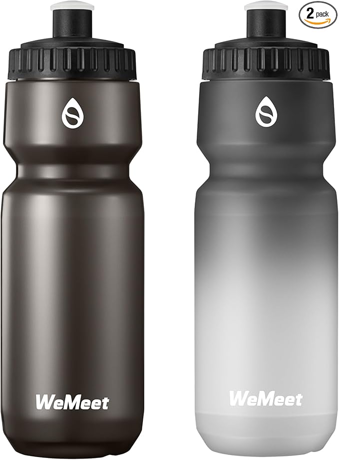 WEMEET Leak Proof Bicycle Water Bottle, 2-Pack Bike Water Bottle, BPA Free, Cycling & Sport Squeeze, with Capacity Scale, for Riding, Gym (Black & Black White, 24oz)
