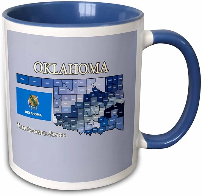 3dRose Map, flag and nickname of Oklahoma, all counties colored and labeled 15oz Two-Tone Blue Mug