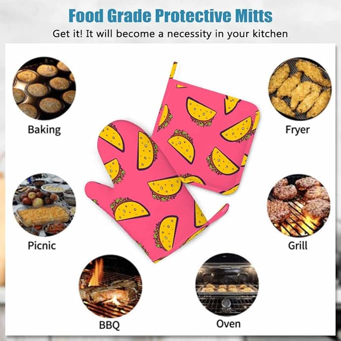 Mxocom Mexican Taco Silicone Oven Mitts and Pot Holders Sets Cute Cartoon on Pink Background BBQ Gloves for Kitchen,Cooking,Baking,Grilling