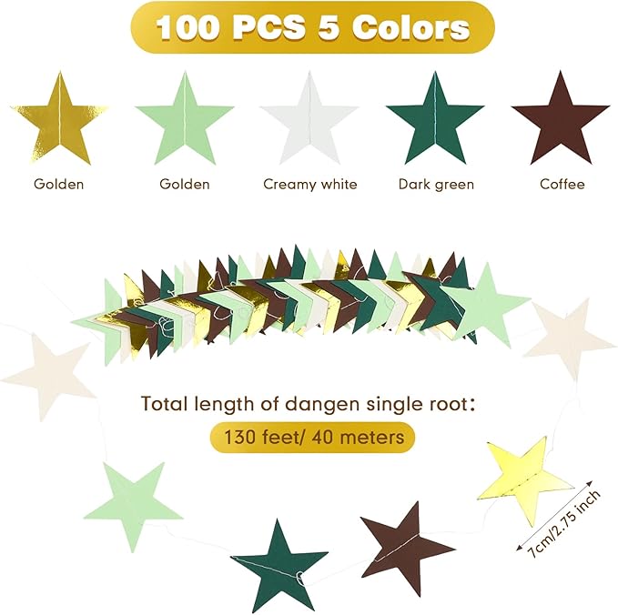 Patelai 130 Feet Glitter Star Garland Banner 2026 Party Decoration Double Side Star Hanging String Streamer Paper Twinkle for Graduation Wedding Birthday (White,Light/Dark Green,Brown,Gold)