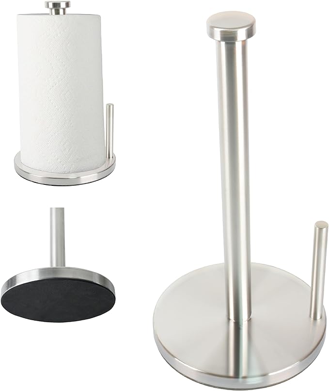 Paper Towel Holder with Side Rod, Stainless Steel, Easy Tear Dispenser for Home Kitchen Countertop Tabletop (Silver)