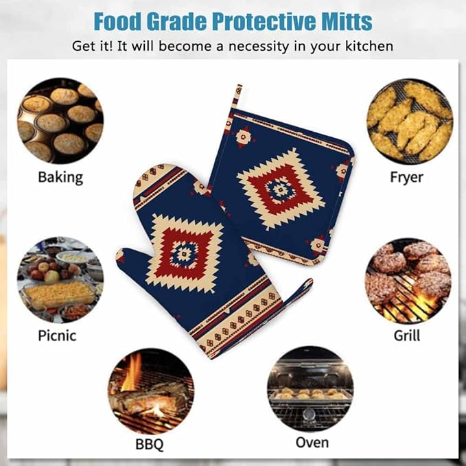 Mxocom Southwest Diamond Blue Red Heat-Resistant Oven Mitts and Pot Holder Indian Style on Blue and Red Background Kitchen Non-Slip Cooking Microwave Gloves for Cooking Baking Grilling