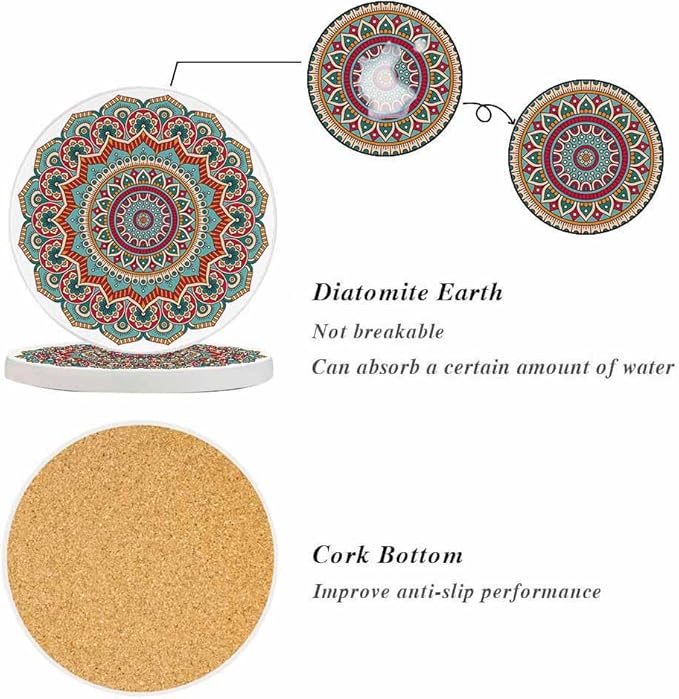 oFloral Ethnic Flower Coasters for Drinks Rustic Mandala Symmetry Cups Place Mats for Home Decor Set of 2, 4 Inch