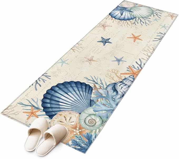 Runner Rug for Bedroom Hallway, Summer Blue Shells Starfish Kitchen Runner Rugs Area Rug 2x6ft, Vintage Coral Shells Fish Washable Soft Floor Carpet for Entryway Stair