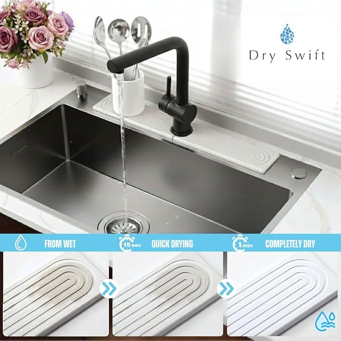 Faucet Mat for Kitchen Sink – Diatomite Drying Stone Mat & Sink Protector, Prevent Moisture – Sink Splash Guard Water-Absorbing Stone Tray for Bathroom Counter - White (23.6" x 3.9")