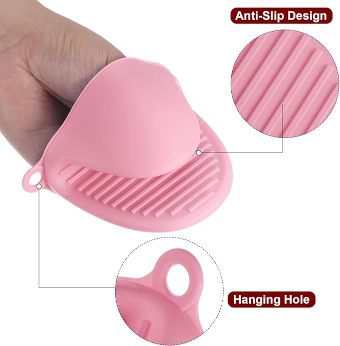 HARFINGTON 4pcs Thickened Mini Oven Gloves, Heat Resistant Silicone Oven Mitts Finger Pinch Grips Pot Holder for Kitchen, Cooking, Baking, BBQ Heat Resistant Gloves, Pink